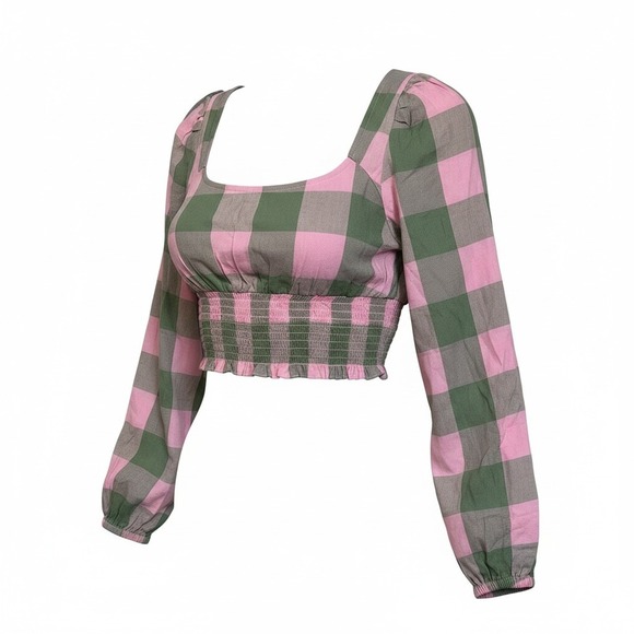 bp Tops - BP Plaid Square Neck Smocked Crop‎ Top Long Sleeve Pink Green Womens Size S